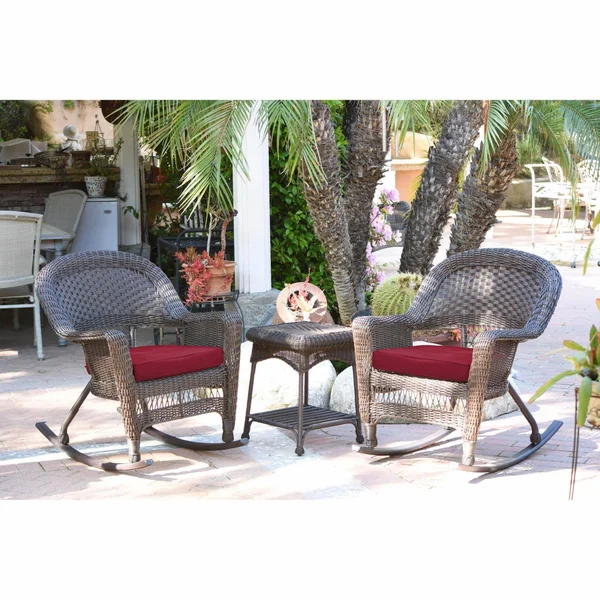 Jeco 3 Piece Rocker Wicker Chair Set with Brown CUSHION - Espresso