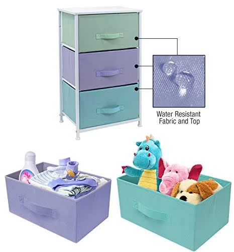 Nightstand with 3 Drawers - Bedside Furniture, Steel Frame, Wood Top, Easy Pull Fabric Bins, Pastel/white
