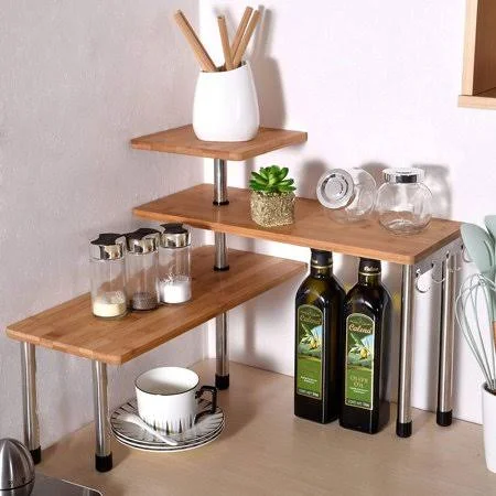 Ollieroo 3 Tier Corner Shelf Bamboo Countertop Organizer Bookshelf Display Shelves Space Saving Rack for Living Room, Kitchen, O