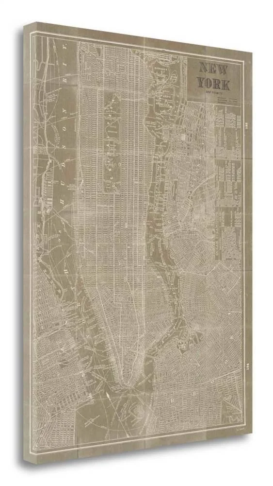 Tangletown Fine Art 33x22 x 25x22 Blueprint Map New York Taupe Giclee on Gallery Wrap Canvas