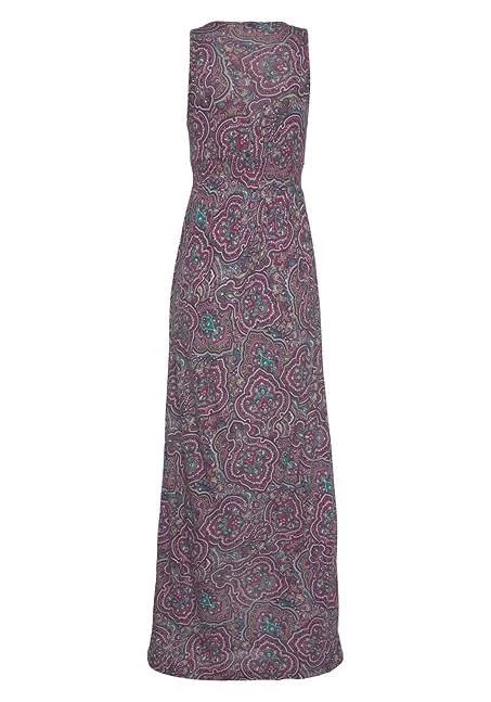Long Summer Dress with Unique Print, V-Neck and Empire Waist, Size 14