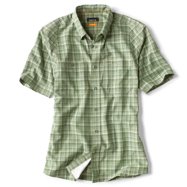 Orvis Men's Tech Chambray Plaid Short Sleeve Work Shirt Fern Green; S
