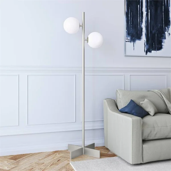 Pemberly Row 2-Light Metal Nickel and Gray Floor Lamp with Glass Orb Shade - PR-4753-1922595