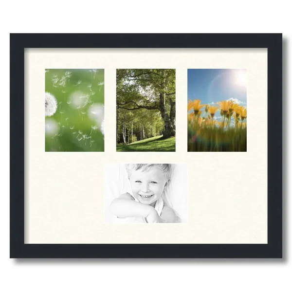 Collage Picture Frame - Satin Black Frame with 4 openings for 5x7 Photos with Ivory Chantilly Mat. D3926EN149, ArtToFrames