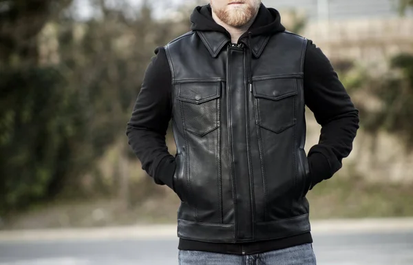 Kent - Men's Motorcycle Leather Vest with Sweatshirt M, Black Sweatshirt