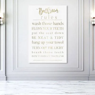 Bath and Laundry Bathroom Rules Gold Signs - Textual Art Print on Canvas Everly Quinn Format: Wrapped Canvas - Size: 24x22 H x 16