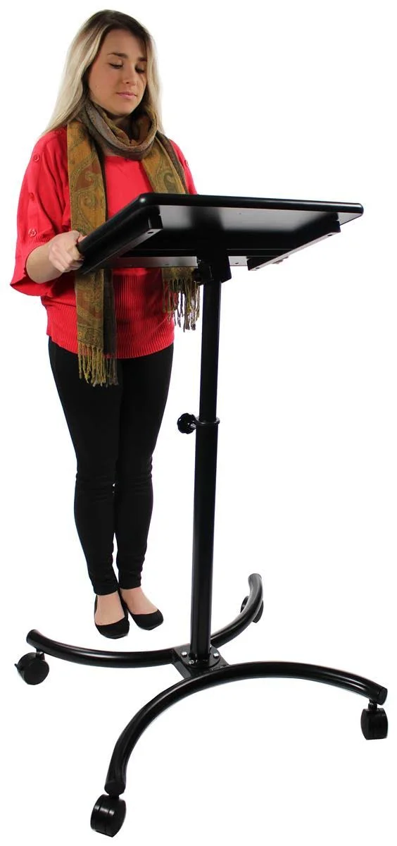 Displays2go Adjustable Laptop Stand with 20 x 16-inch Tilting Surface - Locking Casters, Contemporary Curved Base, Ergonomic Desi