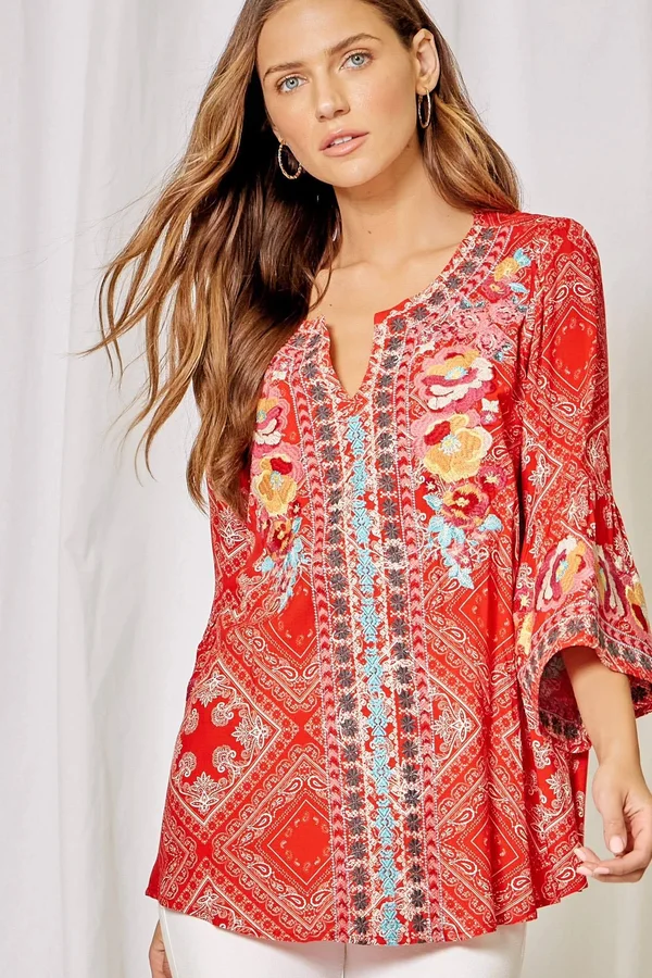 Red Bandana Bell Sleeve Top Small-3X 3X