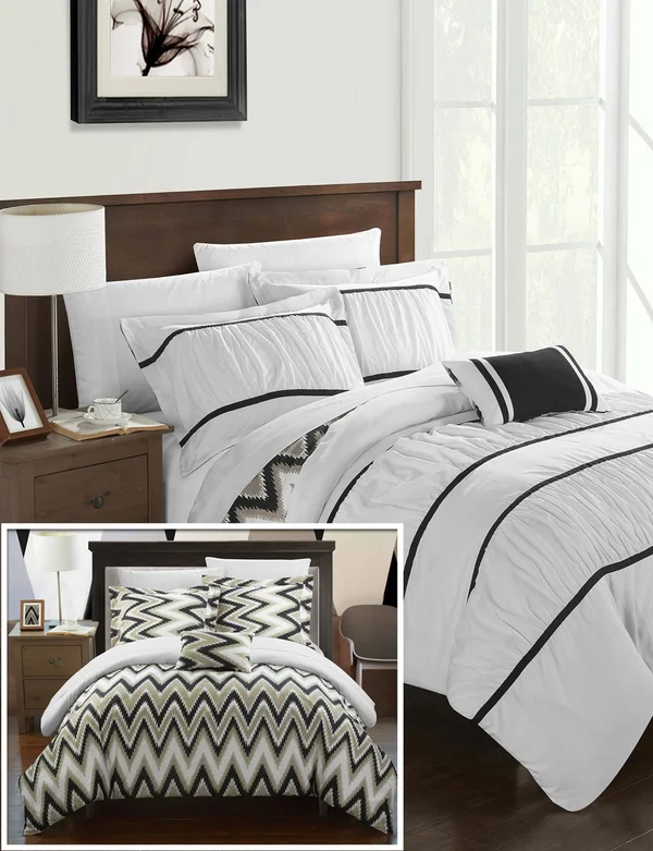 Chic Home Bella 4 Piece Comforter Set Reversible Bedding White, Full/Queen