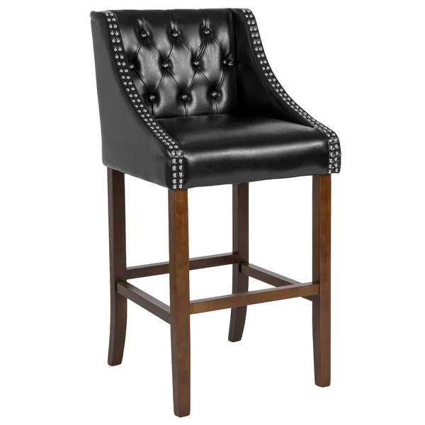 Alamont 30x22 High Transitional Tufted Walnut Barstool with Accent Nail Trim in Black Leather
