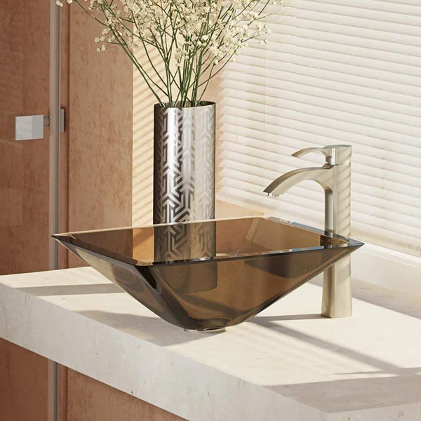 Rene R5-5003-CAS-R9-7006 16-1/2x22 Glass Vessel Bathroom Sink with Vessel Faucet Cashmere, Brushed