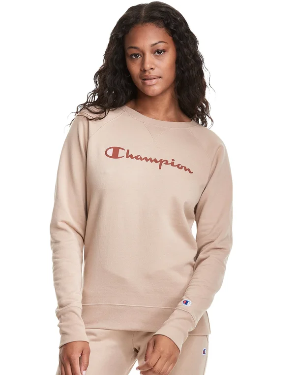 Champion Women's Athletics Powerblend Fleece Classic Crew - Script Logo Warm Cinnamon Brown Xs