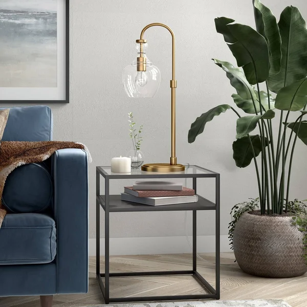 Verona Arc Table Lamp - Brushed Brass with Seeded Glass Shade