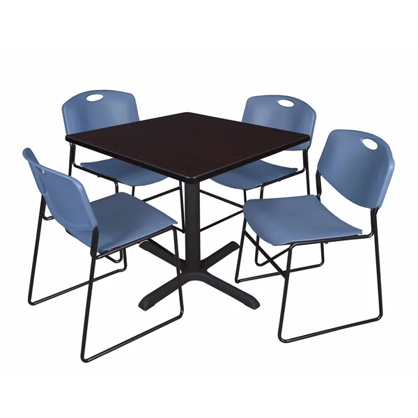 Cain 42x22 Square Breakroom Table- Mocha Walnut & 4 Zeng Stack Chairs- Blue - Regency - TB4242MW44BE