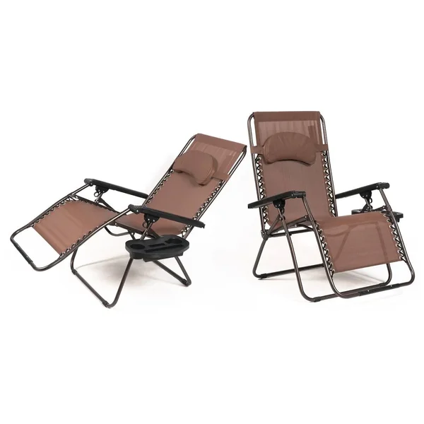 Belleze Case of (2) XL Oversized Zero Gravity Chairs Foldable Recliner Lounge Padded with Pillow Drink Cup Holder, Brown