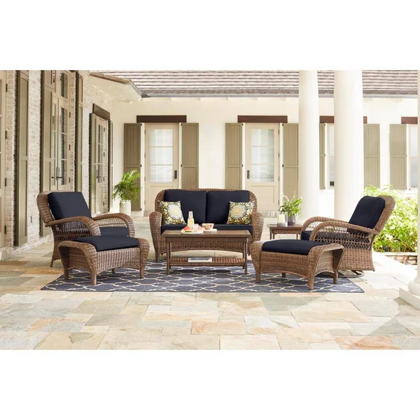 Hampton Bay Beacon Park Brown Wicker Outdoor Patio Loveseat with CushionGuard Midnight Navy Blue Cushions
