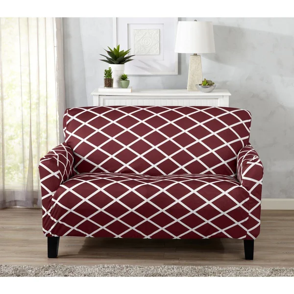 Tori Collection Twill Form Fitting Stretch Diamond Printed Slipcover Loveseat Burgundy Great Bay Home