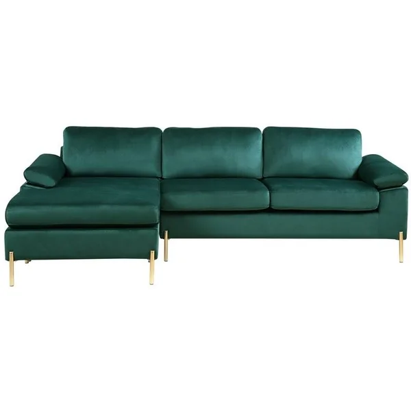 Devion Furniture Modern Velvet Sectional Sofa in Green/Gold Legs