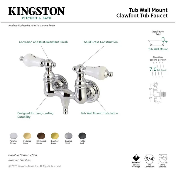 Kingston Brass AE33T8 Vintage 3-3/8x22 Wall Mount Tub Faucet, Brushed Nickel