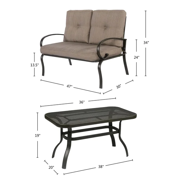 Cloud Mountain 2 Piece Outdoor Loveseat Furniture Bistro Set Garden Patio Metal Coffee Table Bench Sofa with Cushions, Gradient