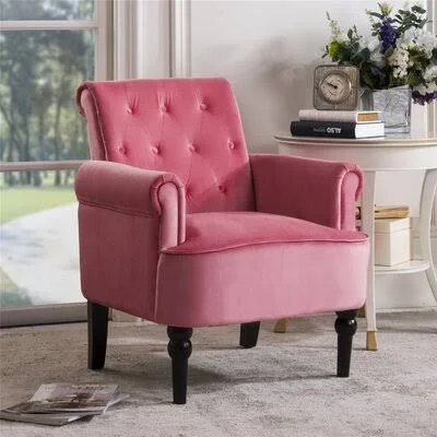 Elegant Button Tufted Club Chair Accent Armchairs Roll Arm Living Room Cushion with Wooden Legs - Deep Burgundy Canora Grey Fabri