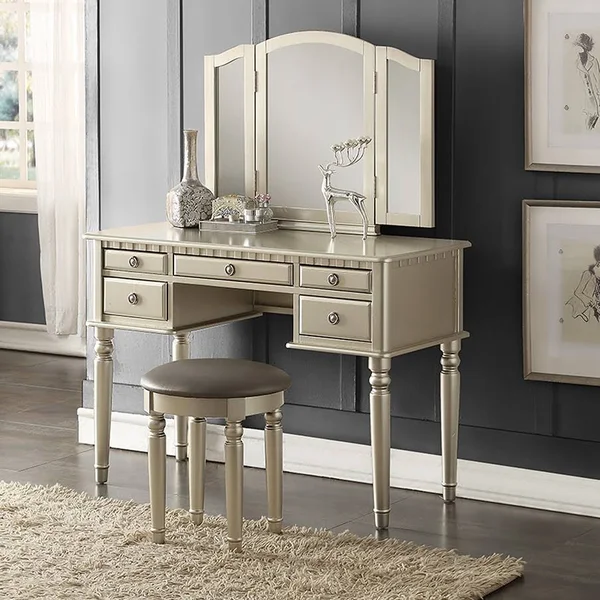 Bobkona F4079 St. Croix Collection Vanity Set with Stool, Silver