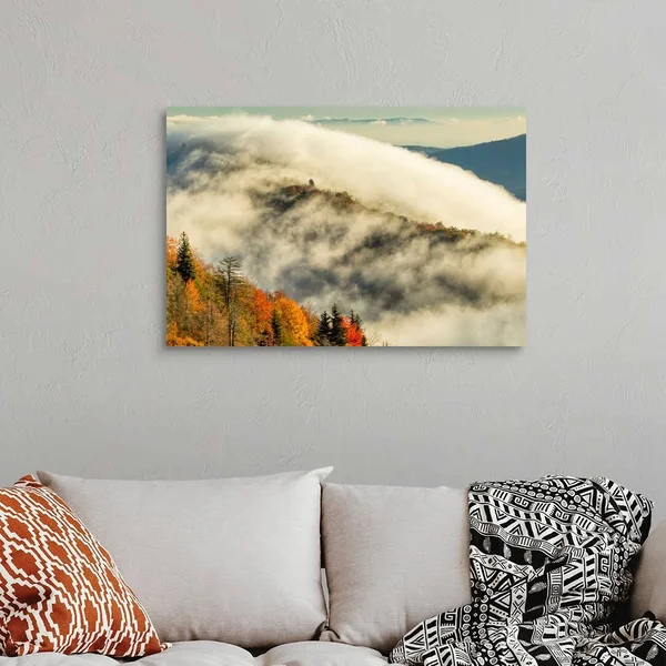Autumn Colors and Mist at Sunrise - Blue Ridge Mountains at Sunrise, North Carolina, Canvas Wall Art, 36x24, Great Big Canvas