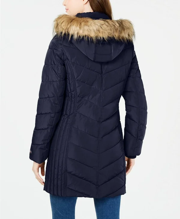 Tommy Hilfiger Womens Faux Fur Trim Chevron Quilted Puffer Coat XL Navy Blue