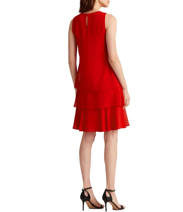 Lauren Ralph Lauren Georgette Layered Hem Sleeveless Shift Dress - Womens, 10, Red