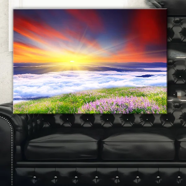Design Art Sunrise with Blooming Flowers - Landscape Art Canvas Print - Red - 40 in. Wide x 20 in. High