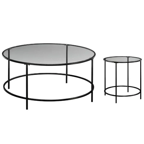 Home Square 2 Piece Glass Top Coffee Table Set in Black