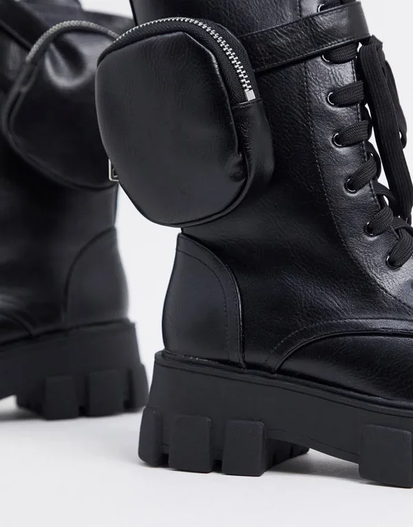 Public Desire Wide Fit Intention Chunky Calf Boot with Pouch in Black