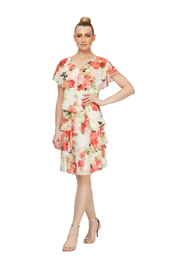 Slny Tiered Metallic Floral-Print Cocktail Dress - Ivory Multi, 16