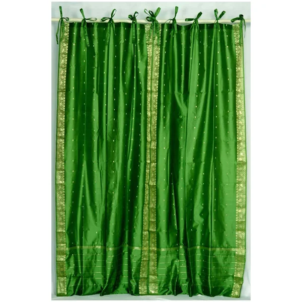 Forest Green Tie Top Sheer Sari Curtain, Drape, Panel - Piece