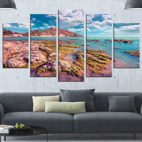 Design Art 'Morning on The Giallonardo Beach' Photographic Print on Wrapped Canvas - Size: 28 inch x 60 inch, Blue