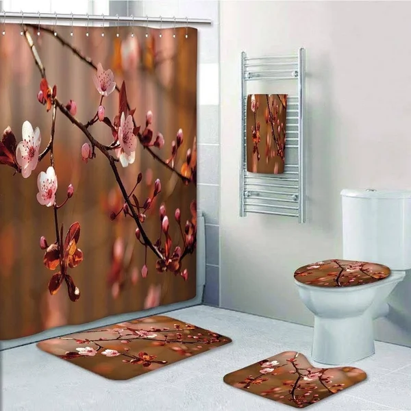 PRTAU Nature Cherry Blossom Sakura Tree Branches Flowering Japanese Flourishing 5 Pcs Bath Curtain Towel Rug Contour Mat Toilet