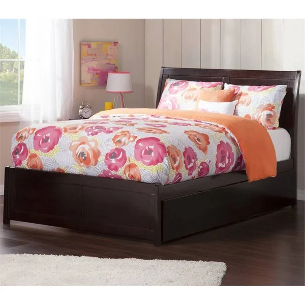 Atlantic Furniture Portland Espresso Full Platform Bed with Matching Foot Board with Twin Size Urban Trundle Bed, Brown