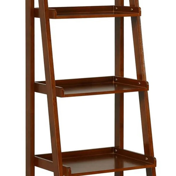 Benjara 72 Inches 5 Tier Wooden Ladder Bookcase with 2 Hooks - Brown
