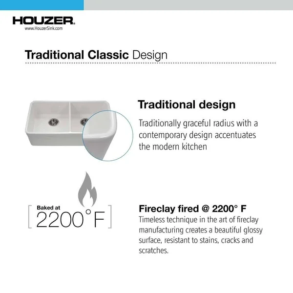 Platus Fireclay 32x22 x 18x22 Apron Double Basin Kitchen Sink Houzer Finish: Biscuit
