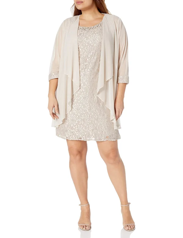R & M Richards Plus Size Lace Dress & Jacket - Champagne