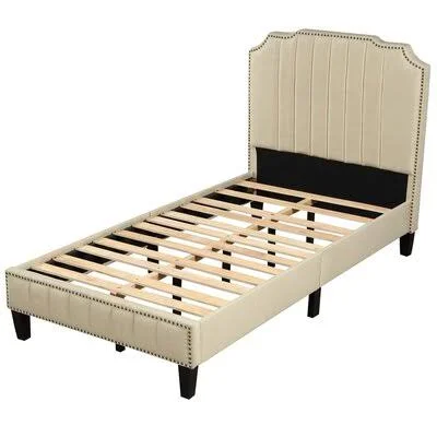 Modern Linen Curved Upholstered Platform Bed, Solid Wood Frame, Nailhead Trim (Full) Red Barrel Studio Color: Beige, Size: Twi