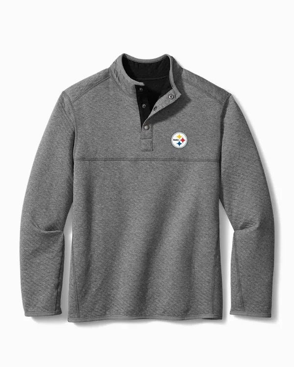 Tommy Bahama Pittsburgh Steelers Gray/Black Quilt to Last Reversible Tri-Blend Pullover Sweater Size: Large
