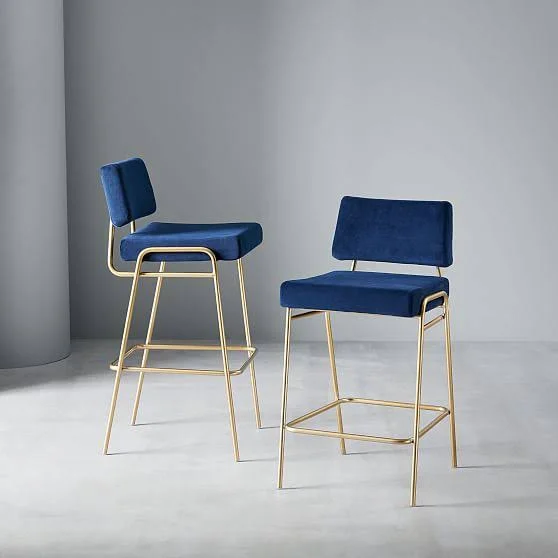 West Elm Wire Frame Bar Stool - Distressed Velvet, Mauve, Antique Brass