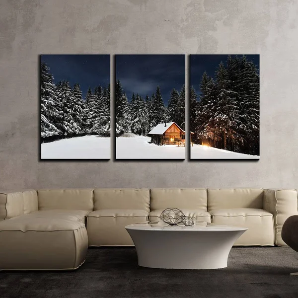 Wall26 - 3 Piece Canvas Wall Art - Snow Covered Pine Tree Forest and Wood Hut in Winter - Modern Home Decor Stretched and Framed