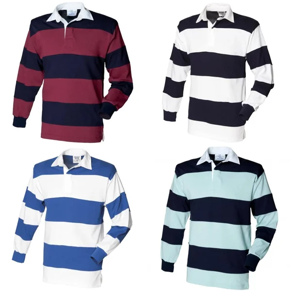 Front Row Sewn Stripe Long Sleeve Sports Rugby Polo Shirt - S, Burgundy/Navy