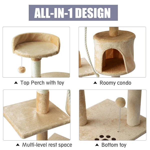 PawHut 45x22 Plush Sturdy Interactive Cat Condo Tower Scratching Post Activity Tree House - Beige, White