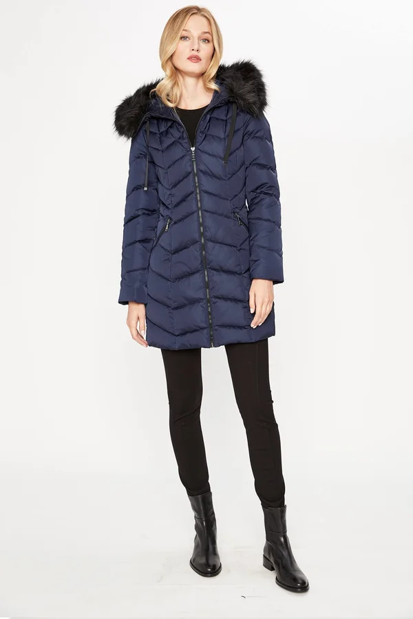 Tahari Gwen Womens Faux Fur Trim Midi Down Coat, Galaxy