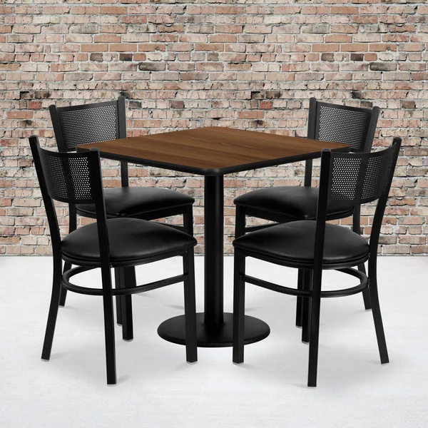 Flash Furniture Laminate Table Set with 4 Grid Back Metal Chairs: Black Vinyl SEAT, Walnut, 30'' Square