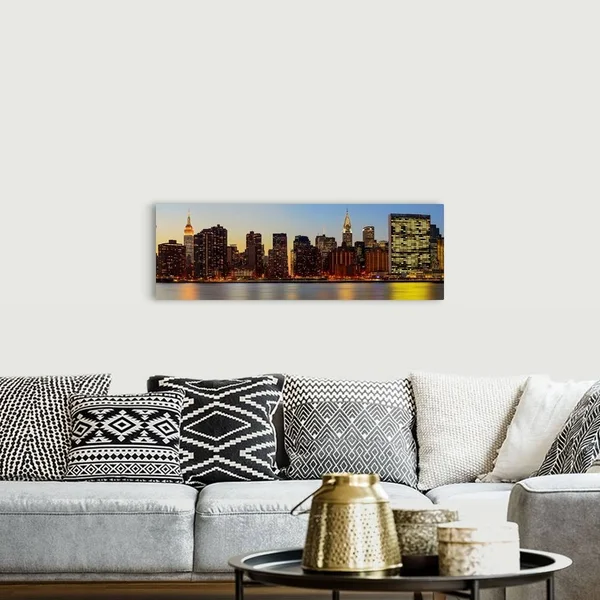 Manhattan Panoramic View with Un from Long Island City at Night - Canvas Wall Art, 48x16, Great Big Canvas