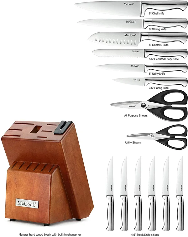 McCook MC29 Knife Sets, 15 Pieces German Stainless Steel Kitchen Knife Block Sets